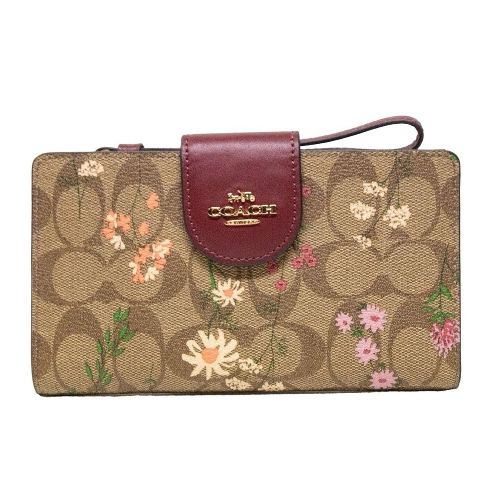 NEW Coach Woman’s Tech Wallet Signature Wildflower Print Wristlet Brown Leather